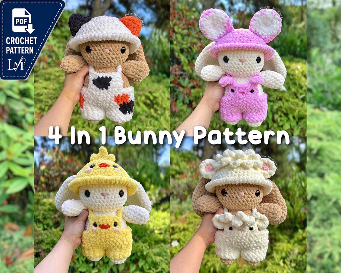 4 In 1 Bunny Plushie In Animal Outfits Crochet Pattern | Lamb, Duck, Calico Cat and Bunny Costume | Removable Overalls and Hat